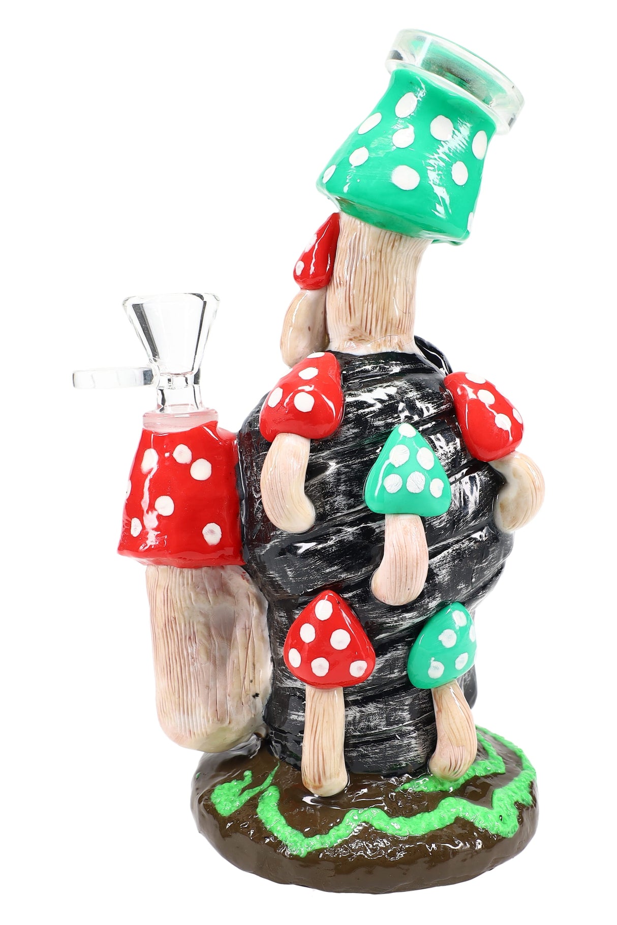 Back view of skull mushroom themed glass bong showing dotted red and green mushrooms on a sculpted resin exterior.