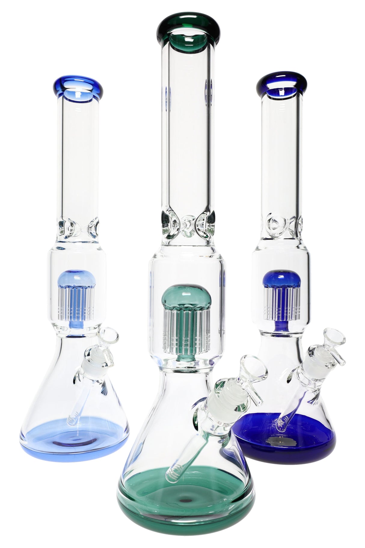 Large glass beaker bong with colored accents and 12-arm tree percolator, ice pinch, and beaker base, standing upright at 18 inches.