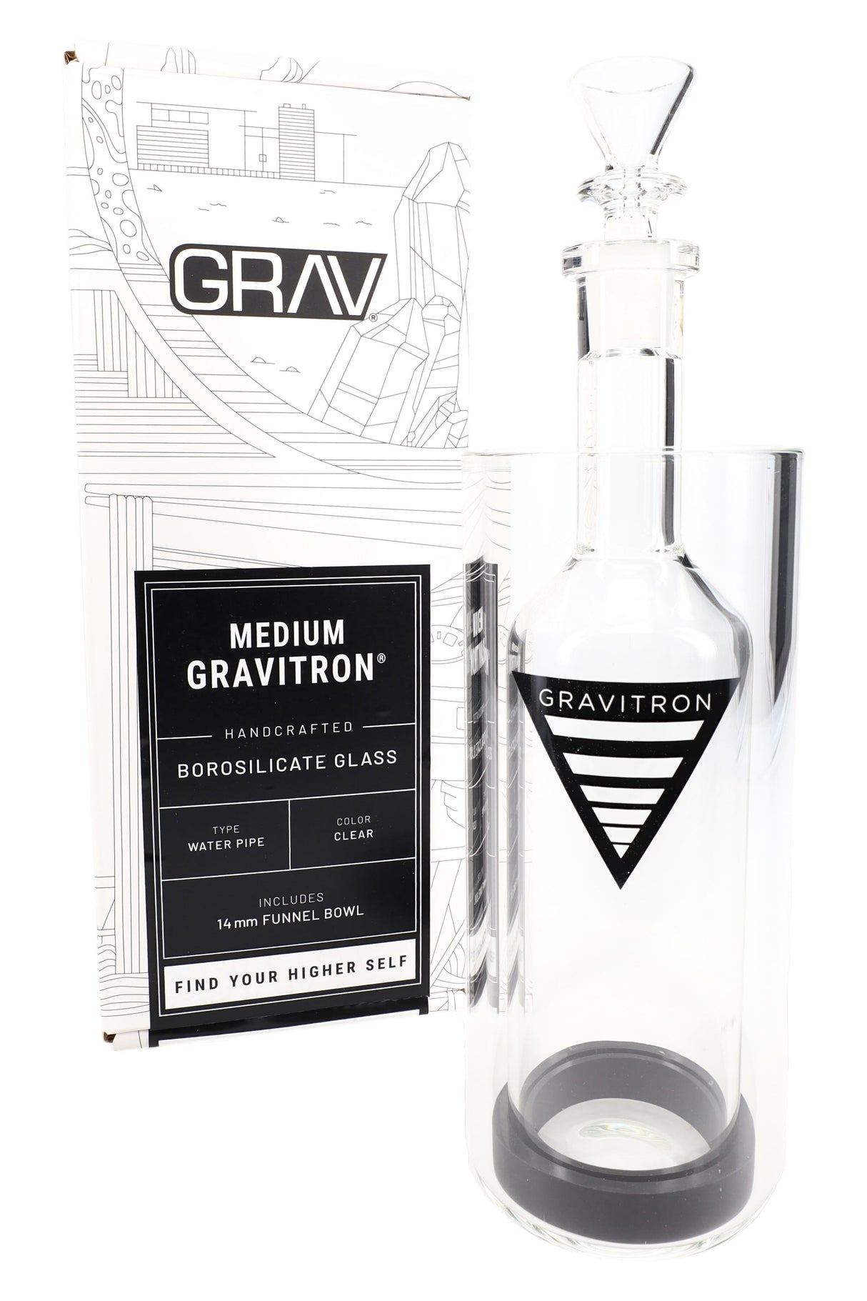 GRAV Medium Gravitron displayed beside retail box, clear borosilicate gravity bong with 14 mm bowl and logo on the inner bottle.