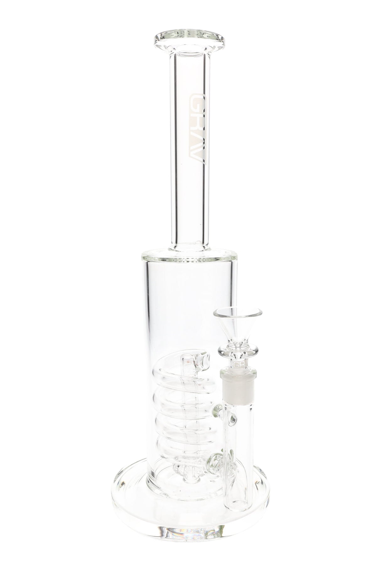 Clear glass bong with coil perc and showerhead downstem, 12.5-inch height, wide base and 14 mm bowl joint, front view.