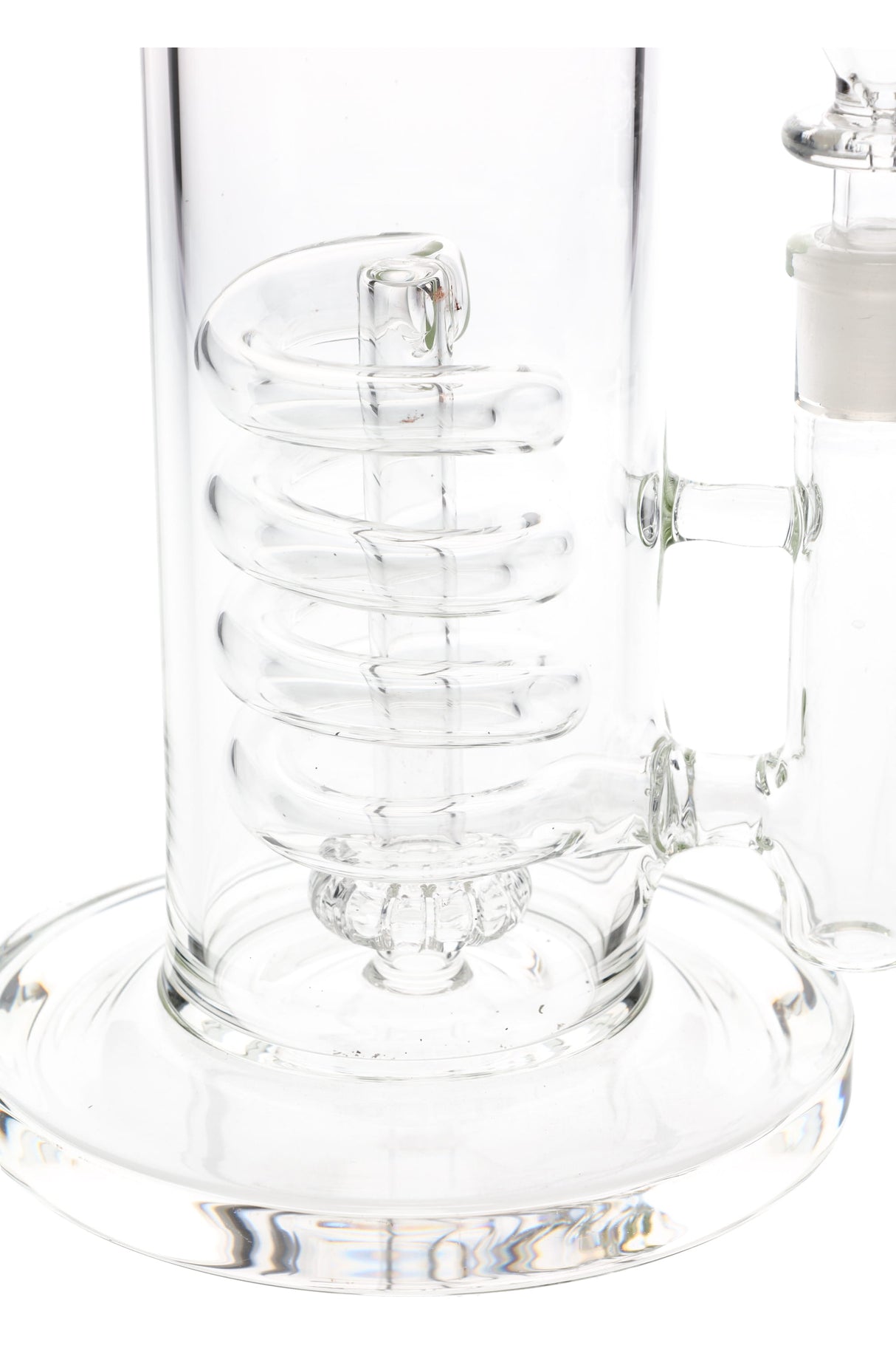 Closeup of clear glass coil perc and showerhead downstem inside a 12.5-inch GRAV glass bong.