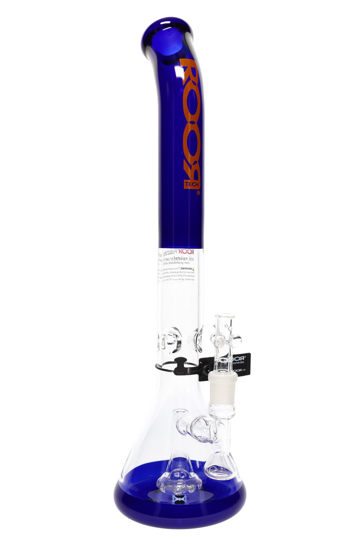 ROOR Tech 18″ multicolor stemless beaker bong showing bent neck splash guard and showerhead perc, white-and-blue mouthpiece with color-matched base.