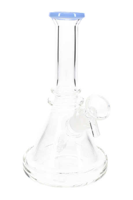 Clear beaker with light-blue rim and matrix stem, GoG joint at the beaker wall, travel-friendly size.