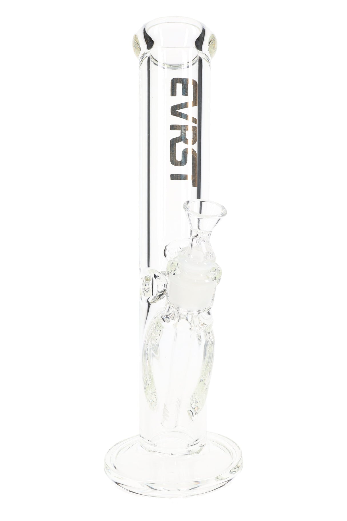Clear EVRST 12 inch 9 mm thick glass straight shooter bong with ice pinch, 18.8 mm GoG joint and flat base on white background