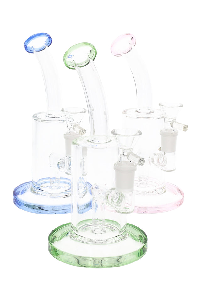 Trio of 7.5″ stemless straight tube bongs with inline intake, GoG joints, and color-trimmed bases and mouth rims in assorted shades.