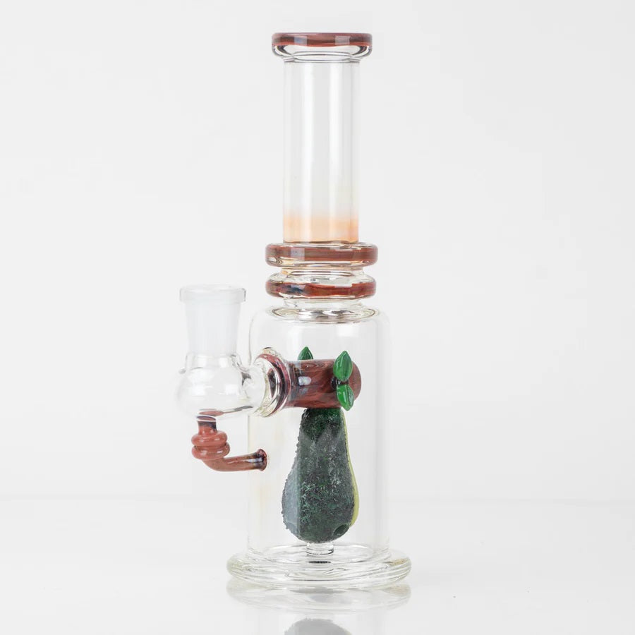 Side angle of handmade avocado mini tube with reinforced joint and flared mouthpiece on a clear, thick foot.