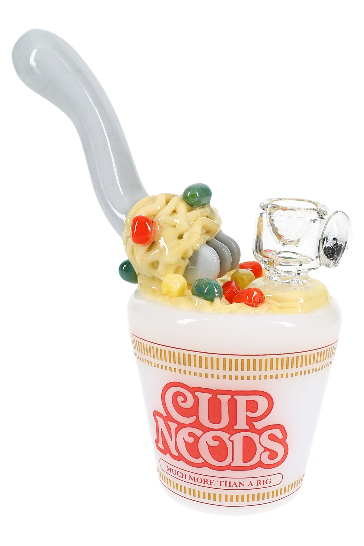 US-made Empire Glassworks “Fork & Noods” mini rig shaped like a noodle cup, curved fork mouthpiece, and 14.5 mm female joint.