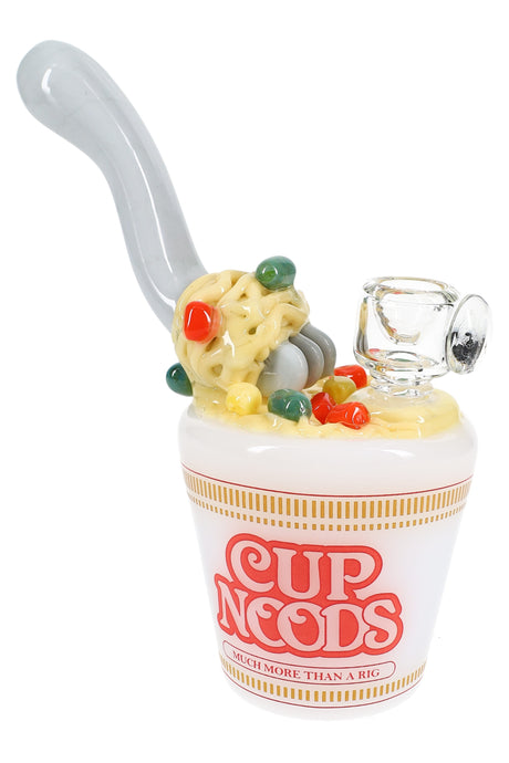 US-made Empire Glassworks “Fork & Noods” mini rig shaped like a noodle cup, curved fork mouthpiece, and 14.5 mm female joint.