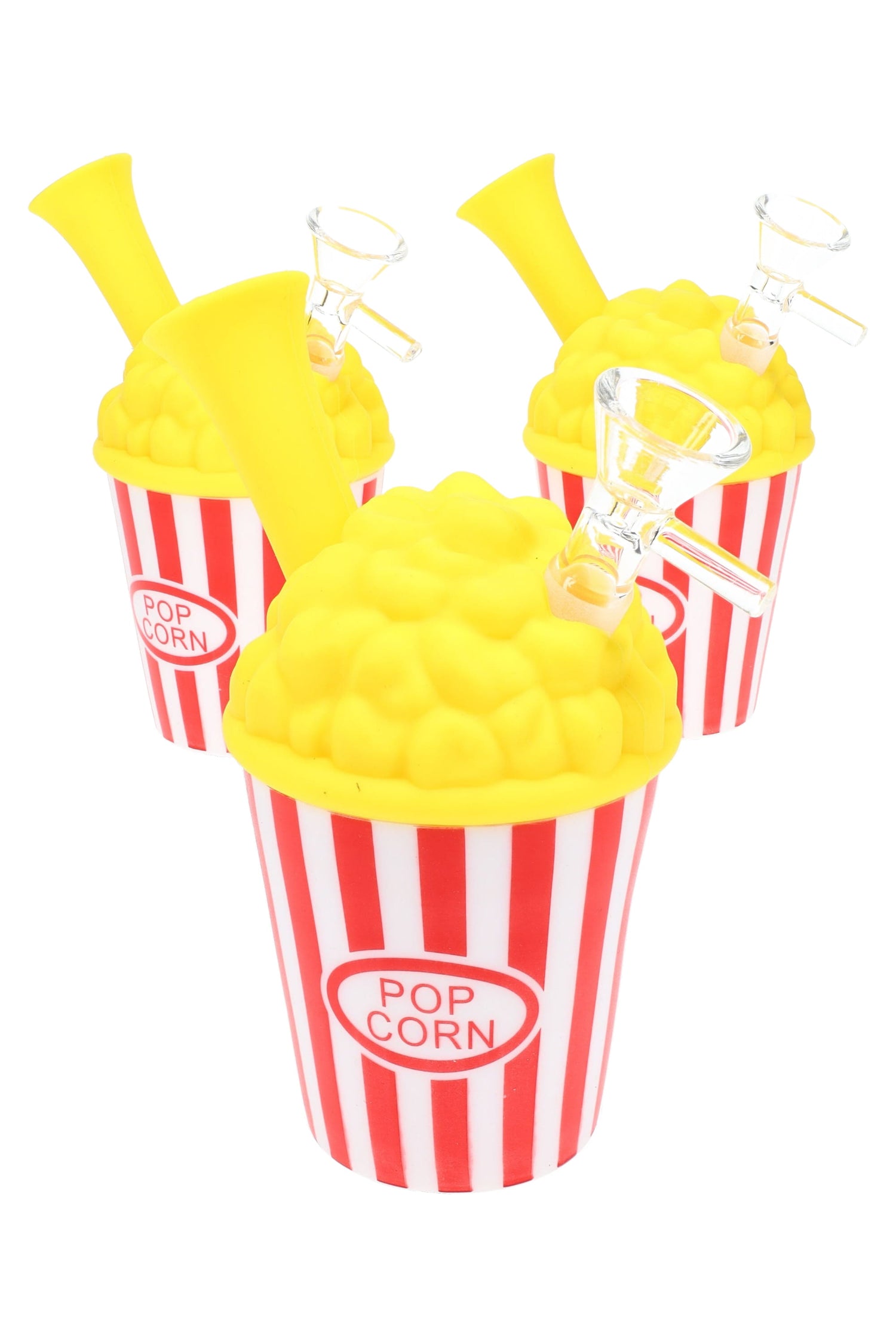 Silicone popcorn bin bong with red-and-white stripes, yellow popcorn lid, angled straw mouthpiece, and included glass herb bowl.