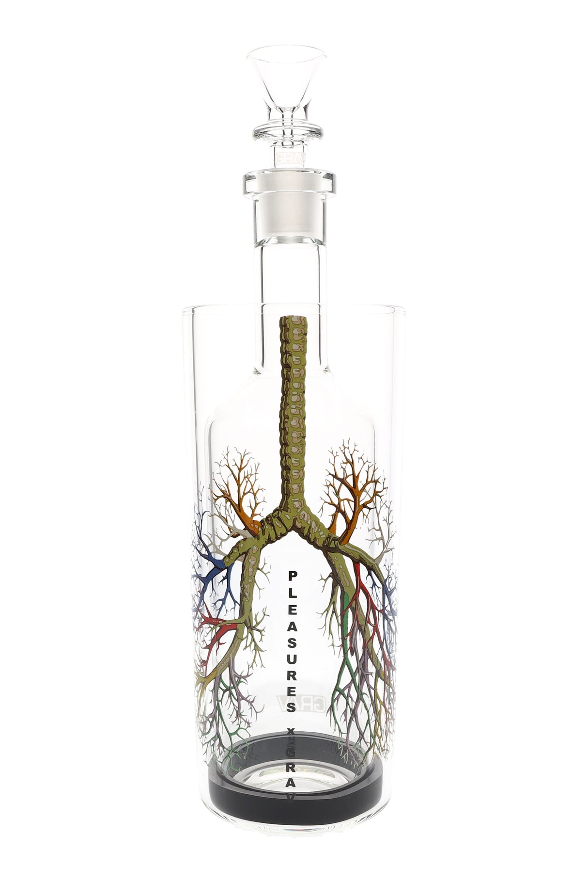 Limited-edition Pleasures × GRAV Gravitron gravity bong with full-color lung artwork and glass funnel bowl on a clear borosilicate bottle.