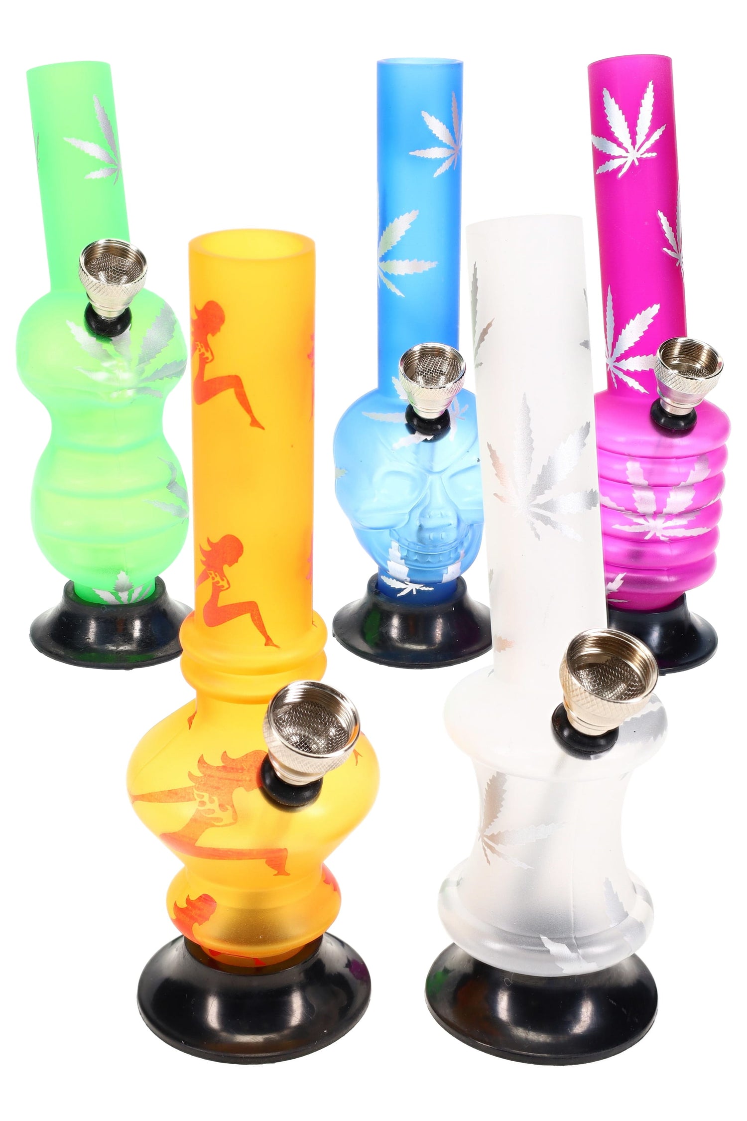 Assorted small acrylic bongs with frosted bodies, suction bases, and grommeted metal bowls, printed with leaf and figure designs.