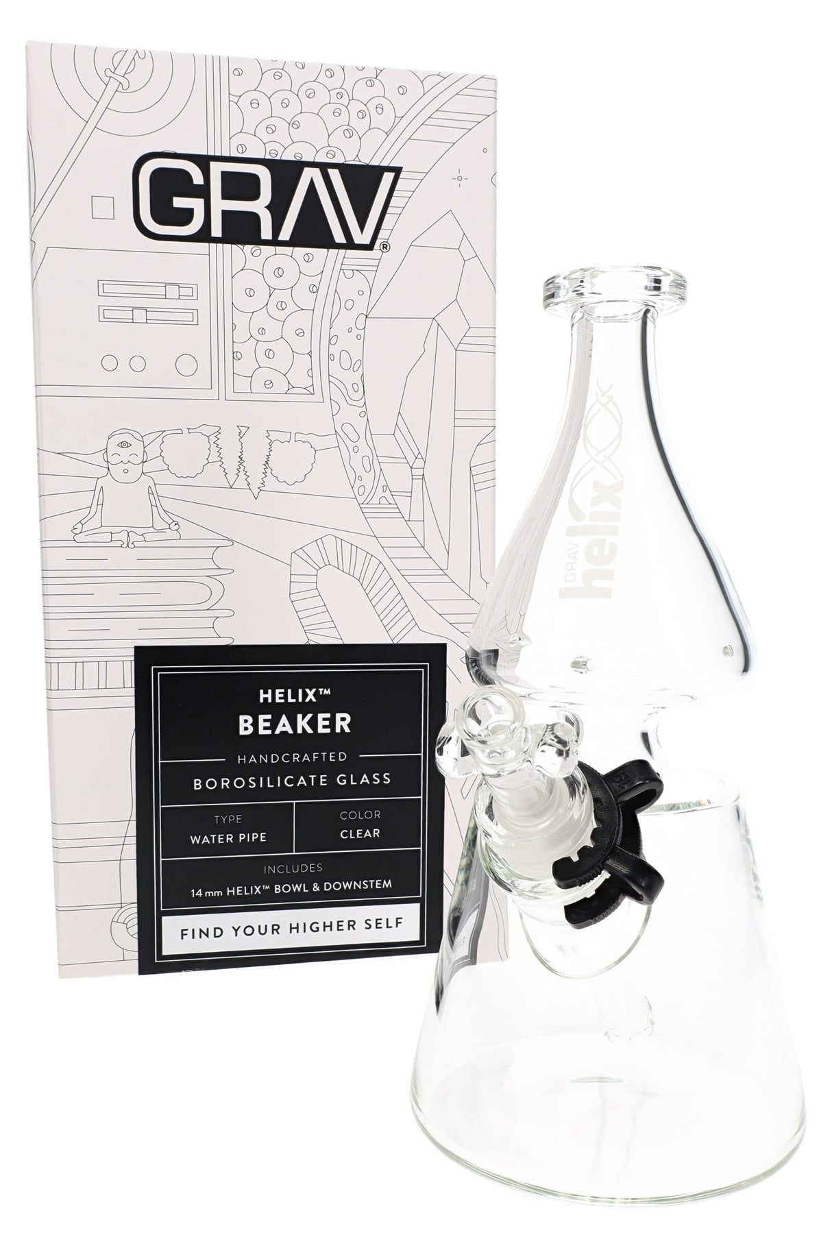 Clear 12″ GRAV Helix beaker bong with retail box, Helix bowl, and showerhead downstem in packaging view