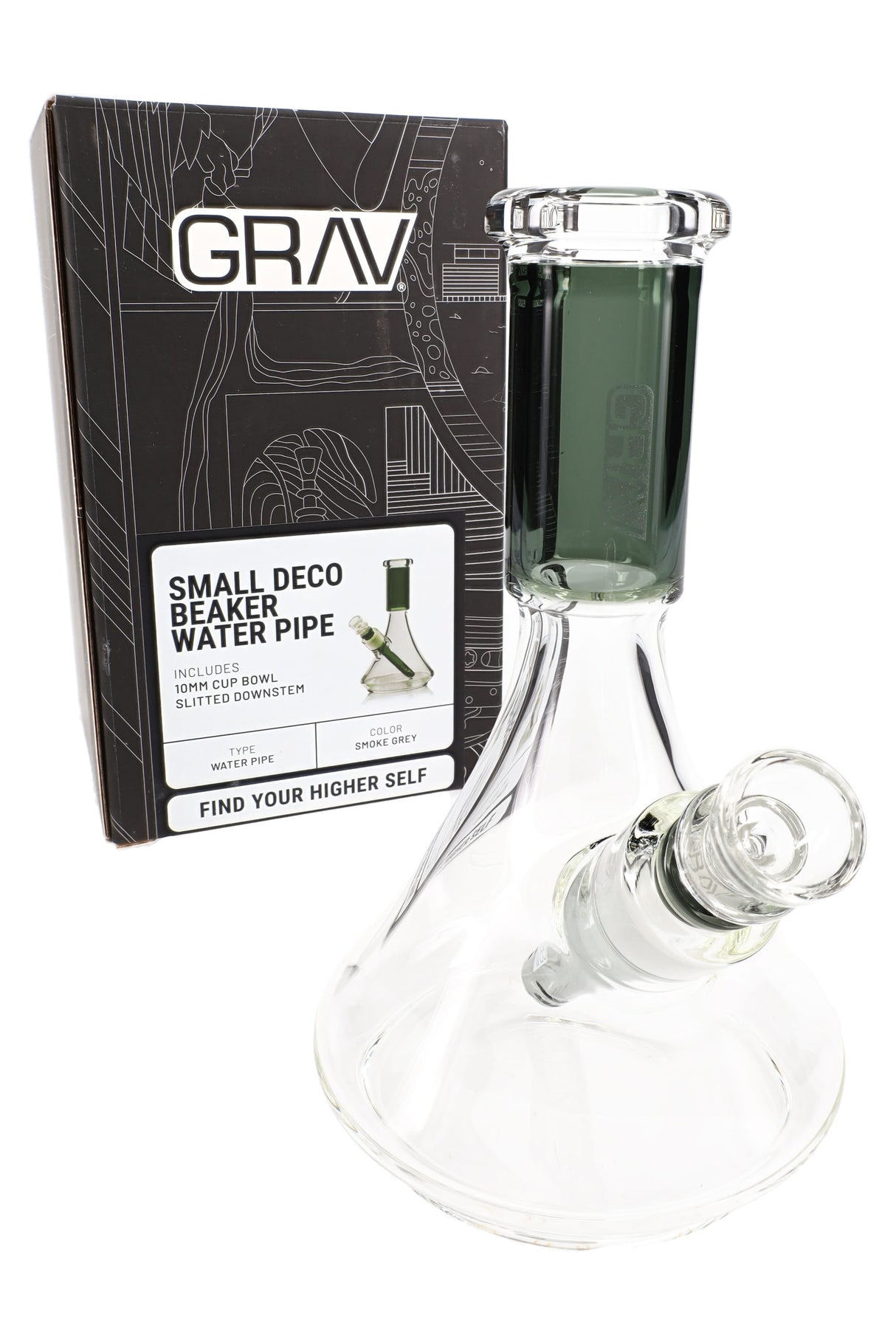 GRAV Small Deco beaker bong in smoke grey displayed beside retail box, clear borosilicate beaker with 10 mm joint and slitted diffuser downstem.