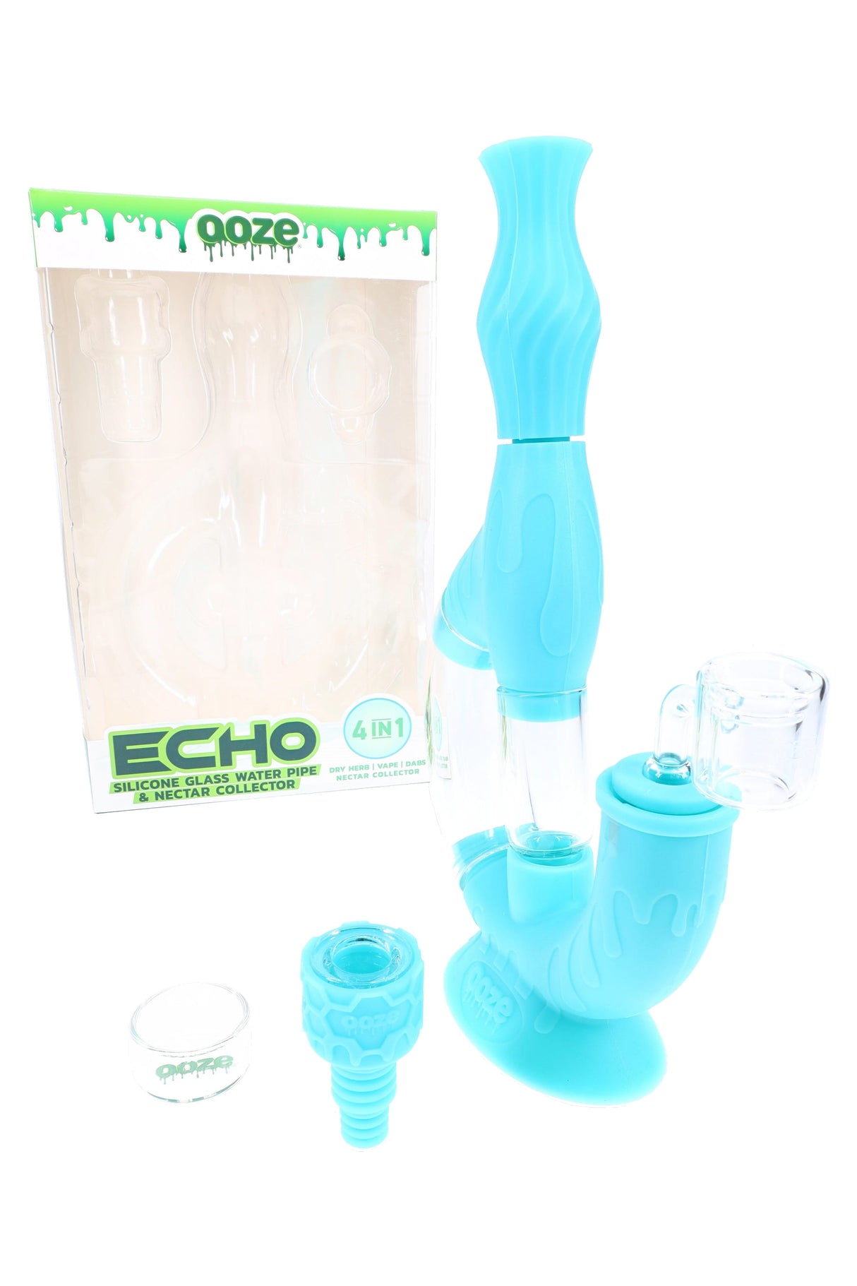 Light-blue Ooze “Echo” 4-in-1 silicone and glass bubbler dab rig with quartz banger, nectar tip, and small glass concentrate jar.