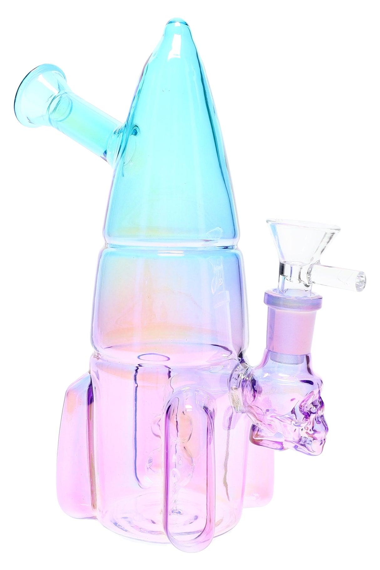 Multicolor rocket ship glass bong, 7½″ tall with angled mouthpiece, skull joint detail and included herb bowl for dry herb use.