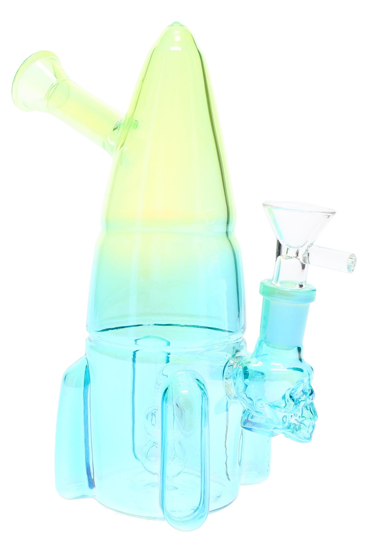 Green-blue gradient rocket ship glass bong with glass herb bowl and skull-accent joint, compact 7½″ design for smooth, space-saving sessions.