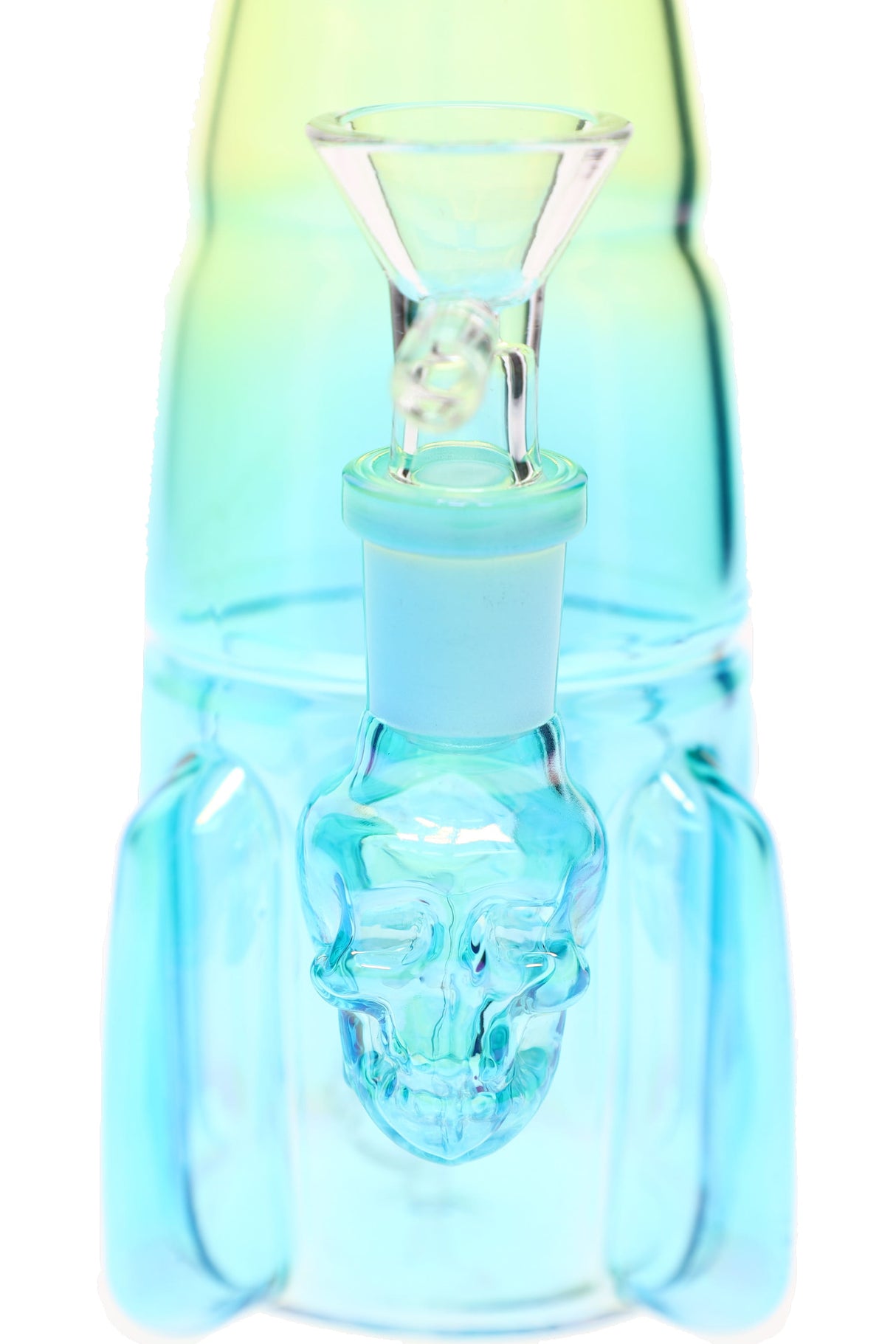Close view of the skull-shaped joint with frosted GoG fitting and clear glass herb slide on the rocket ship bong.