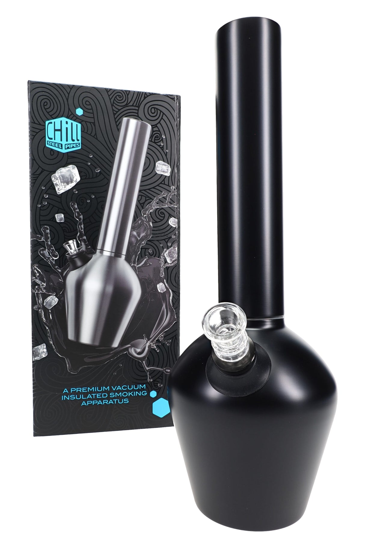 Chill Mix & Match 13″ steel bong shown beside branded retail box, highlighting modular neck, insulated base, and included glass slide.