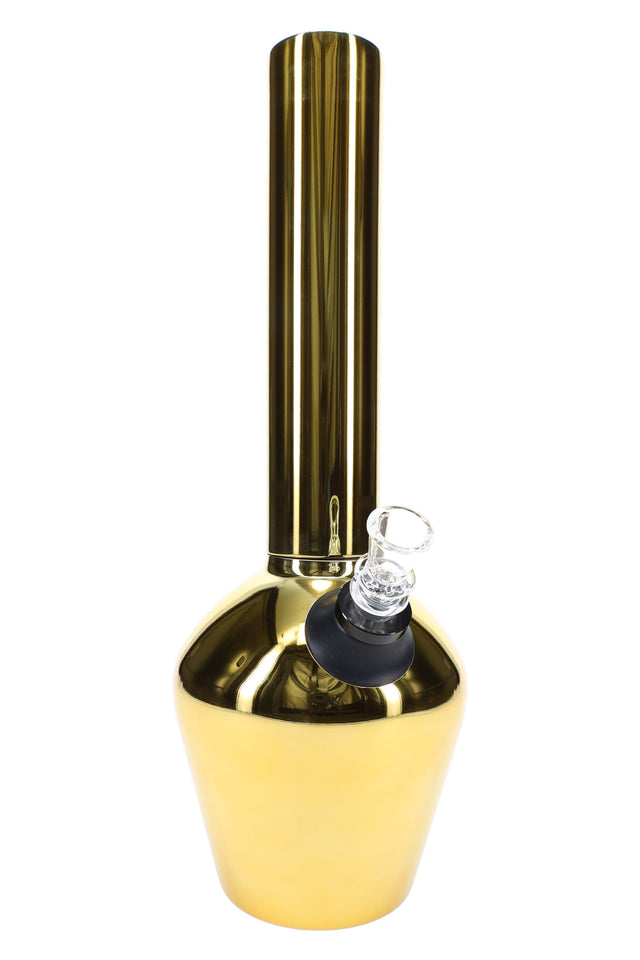 Limited Edition mirror steel bong, 13″ vacuum-insulated body with 14 mm joint, ceramic lining, and clear glass bowl on glossy gold finish.