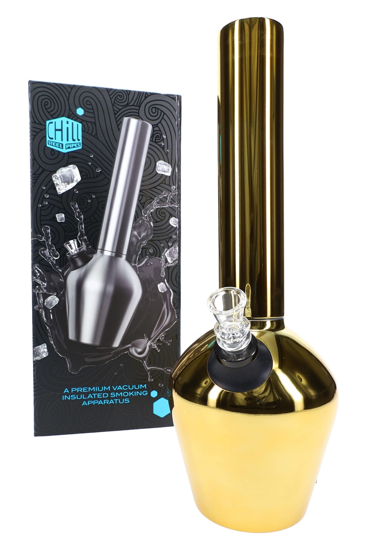 Mirror Chill Steel Pipes 13″ bong in gold finish displayed beside retail box, showing vacuum-insulated base and included glass slide.