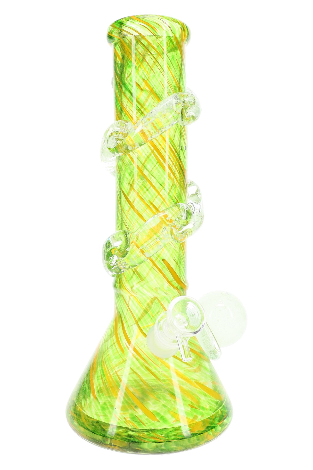 Green soft glass beaker bong with yellow spiral pattern and clear spiral grip rings plus side marble; stable base and glow accents.