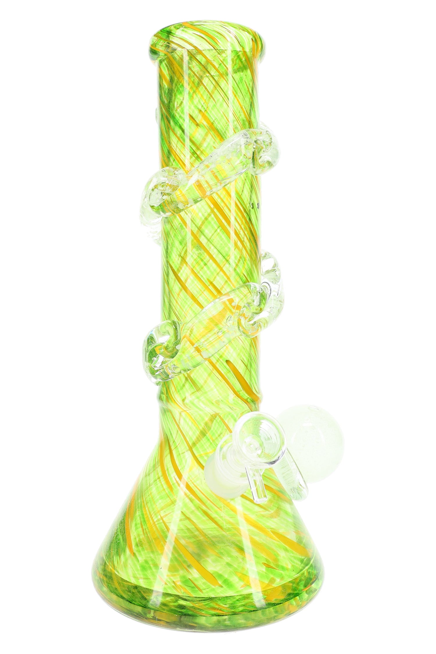 Green soft glass beaker bong with yellow spiral pattern and clear spiral grip rings plus side marble; stable base and glow accents.