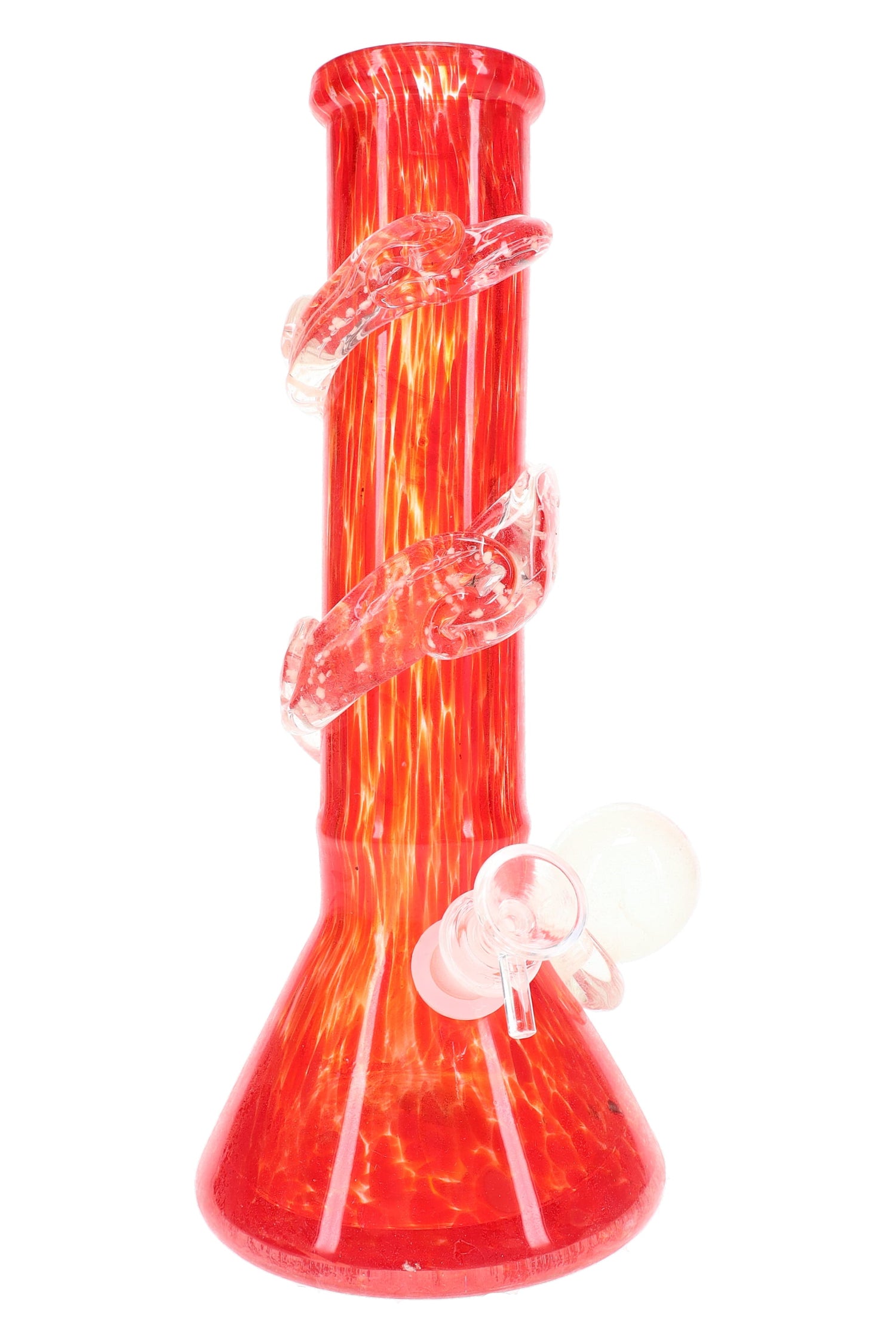Red soft glass beaker water pipe showing clear spiral grips around the neck and a side marble accent; flared beaker bottom.