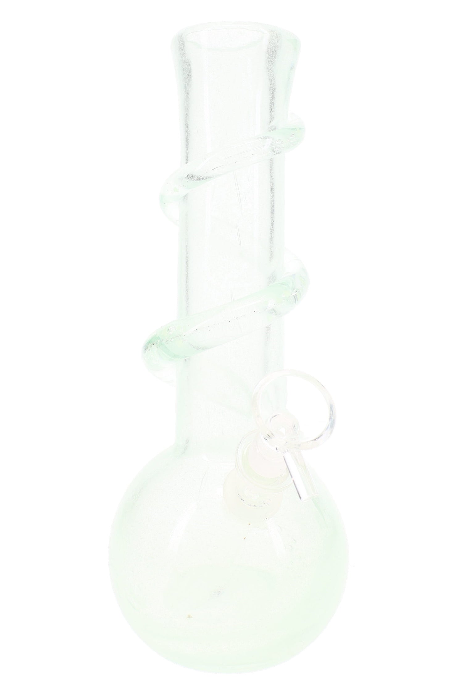 Soft glass round-base bong with clear UV-reactive spiral around the neck; minimalist opal tint; classic bubble body for stable, smooth hits.