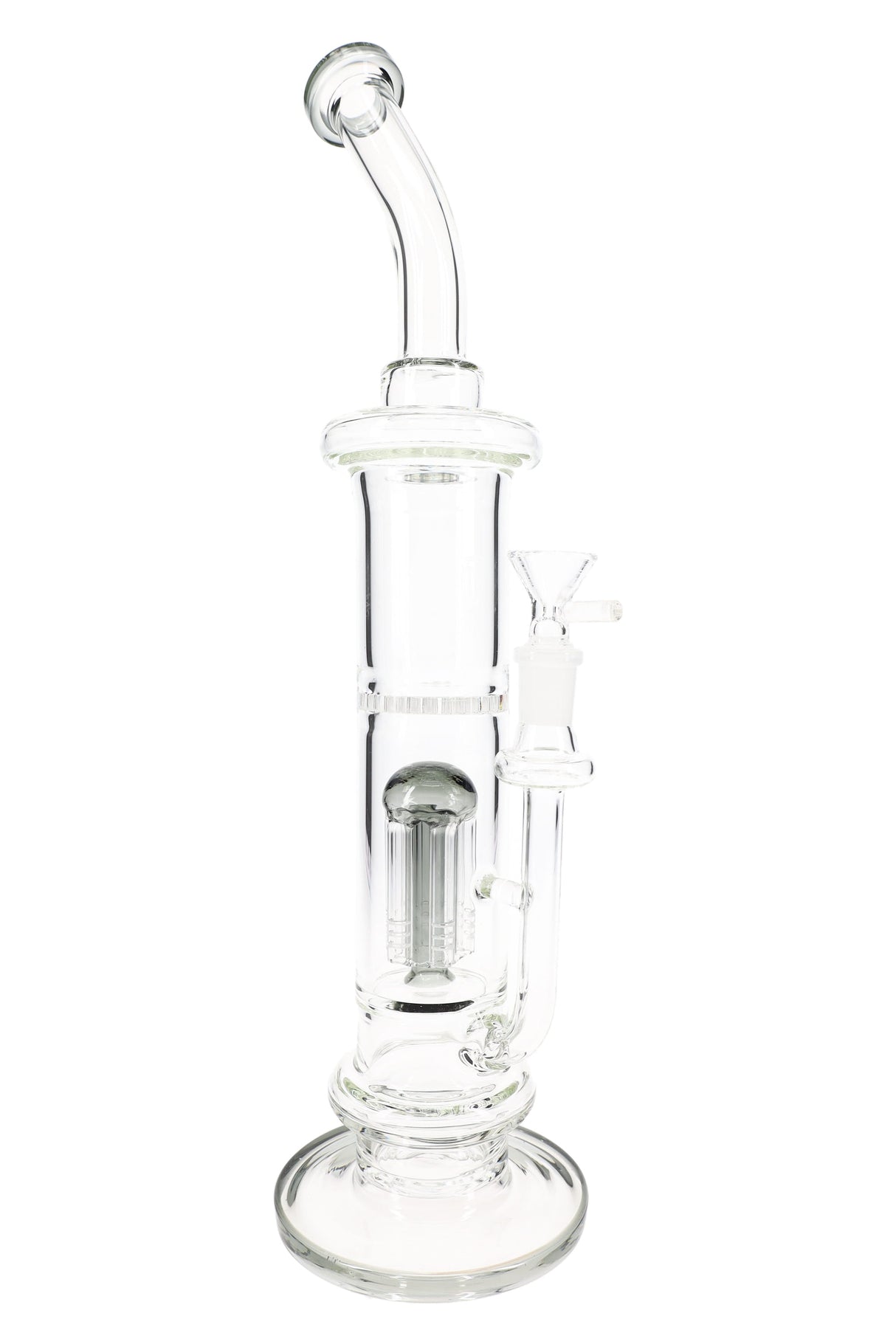 Clear 15″ stemless straight shooter bong showing internal multi-arm diffuser perc and bent mouthpiece.