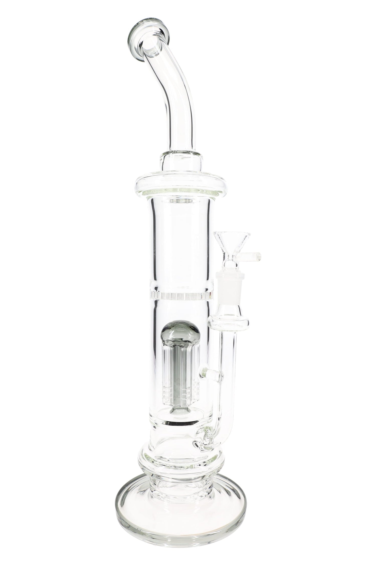 Clear 15″ stemless straight shooter bong showing internal multi-arm diffuser perc and bent mouthpiece.