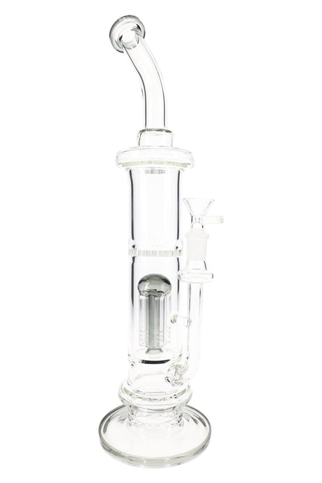 Clear 15″ stemless straight shooter bong showing internal multi-arm diffuser perc and bent mouthpiece.