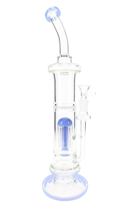 Blue-accent 15″ stemless glass straight shooter bong featuring colored multi-arm perc and wide, stable base.