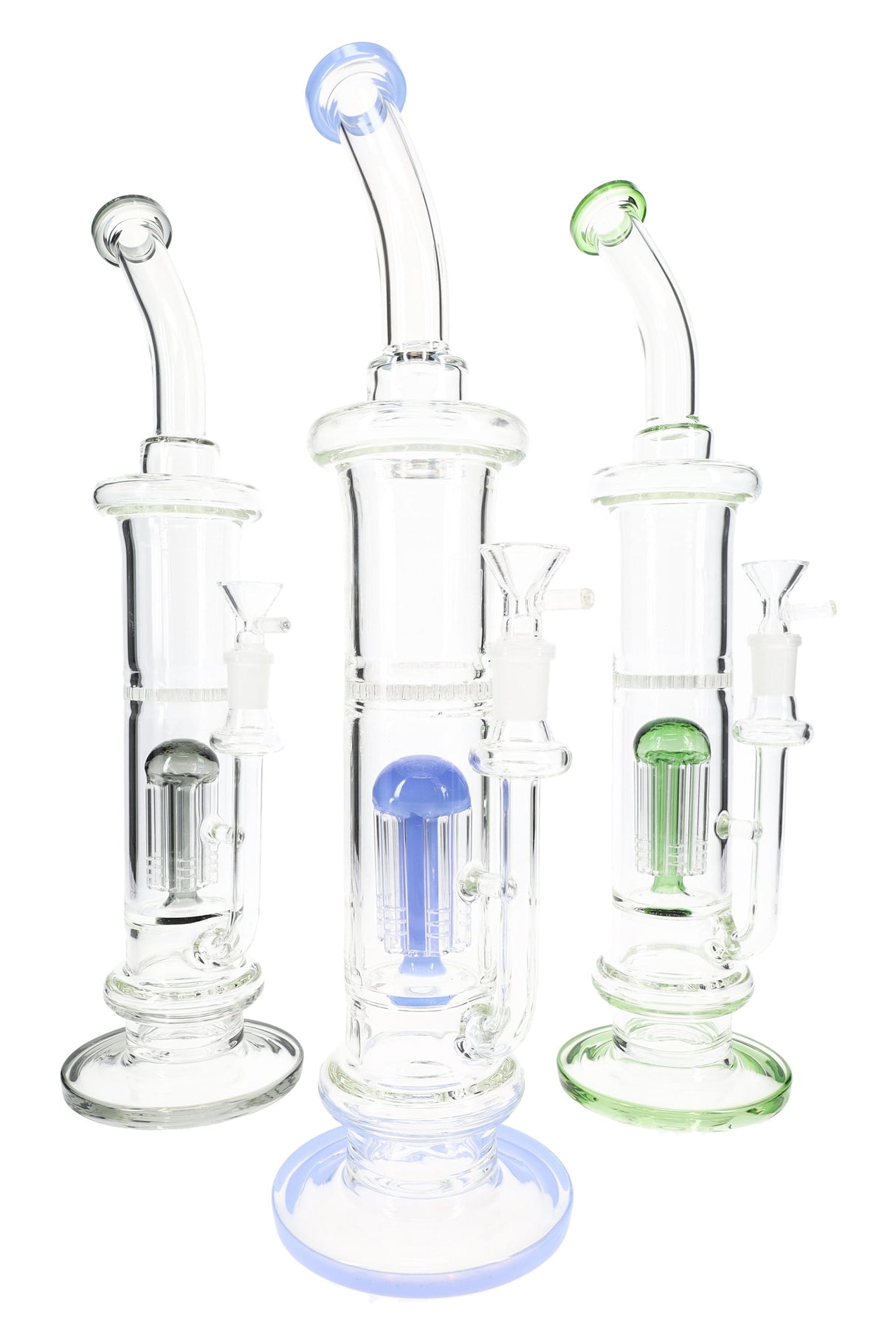 Tall 15″ stemless glass straight shooter bong with multi-percs and assorted accent colors on base, mouthpiece, and diffuser.