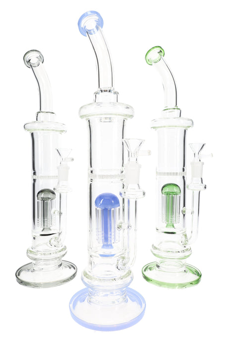 Tall 15″ stemless glass straight shooter bong with multi-percs and assorted accent colors on base, mouthpiece, and diffuser.