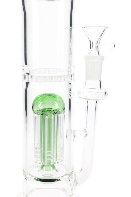 Close-up of colored multi-arm diffuser perc and side bowl joint on a 15″ stemless straight shooter glass bong.