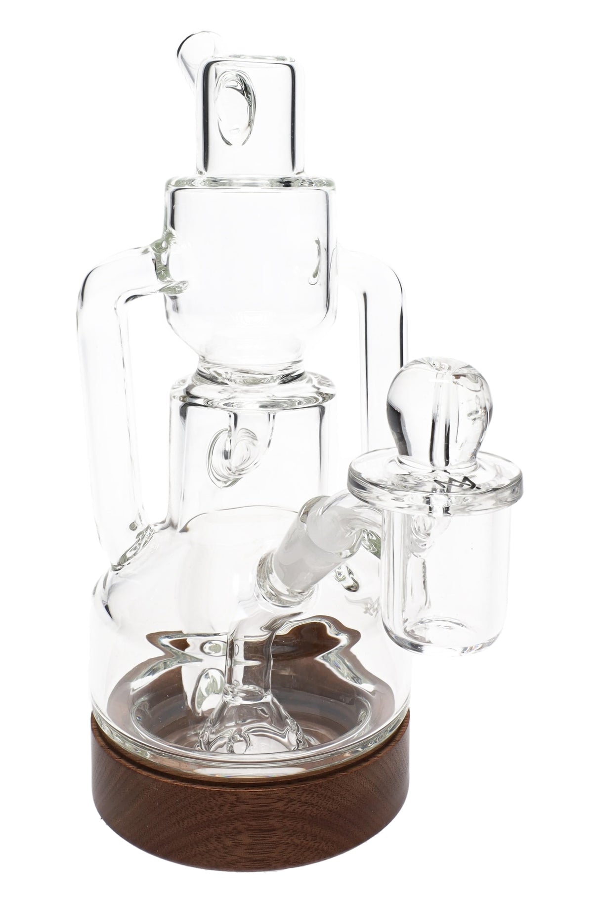 Clear MJ Arsenal Apex mini dab rig with stacked chambers, fixed downstem, quartz banger, and wood-look base ring from the Alpine Collection.
