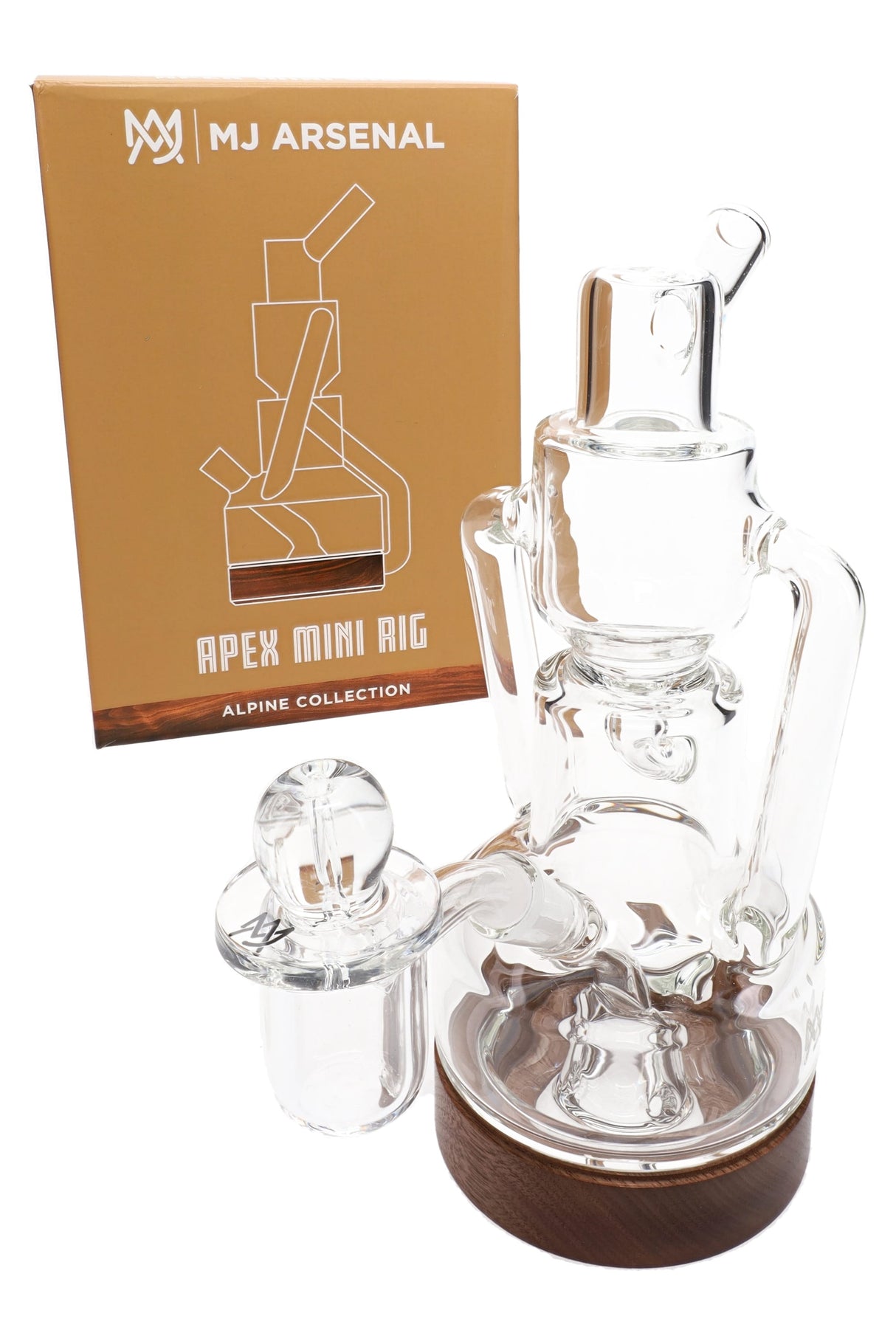 Apex mini rig by MJ Arsenal shown with retail box, quartz banger, bubble cap, and clear scientific body on a wood-accent base.