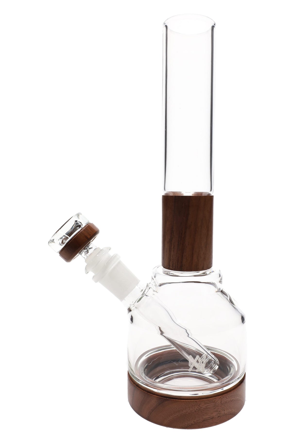 Clear glass Palisade water pipe with walnut base and collar, fixed downstem and matching bowl on angled joint.