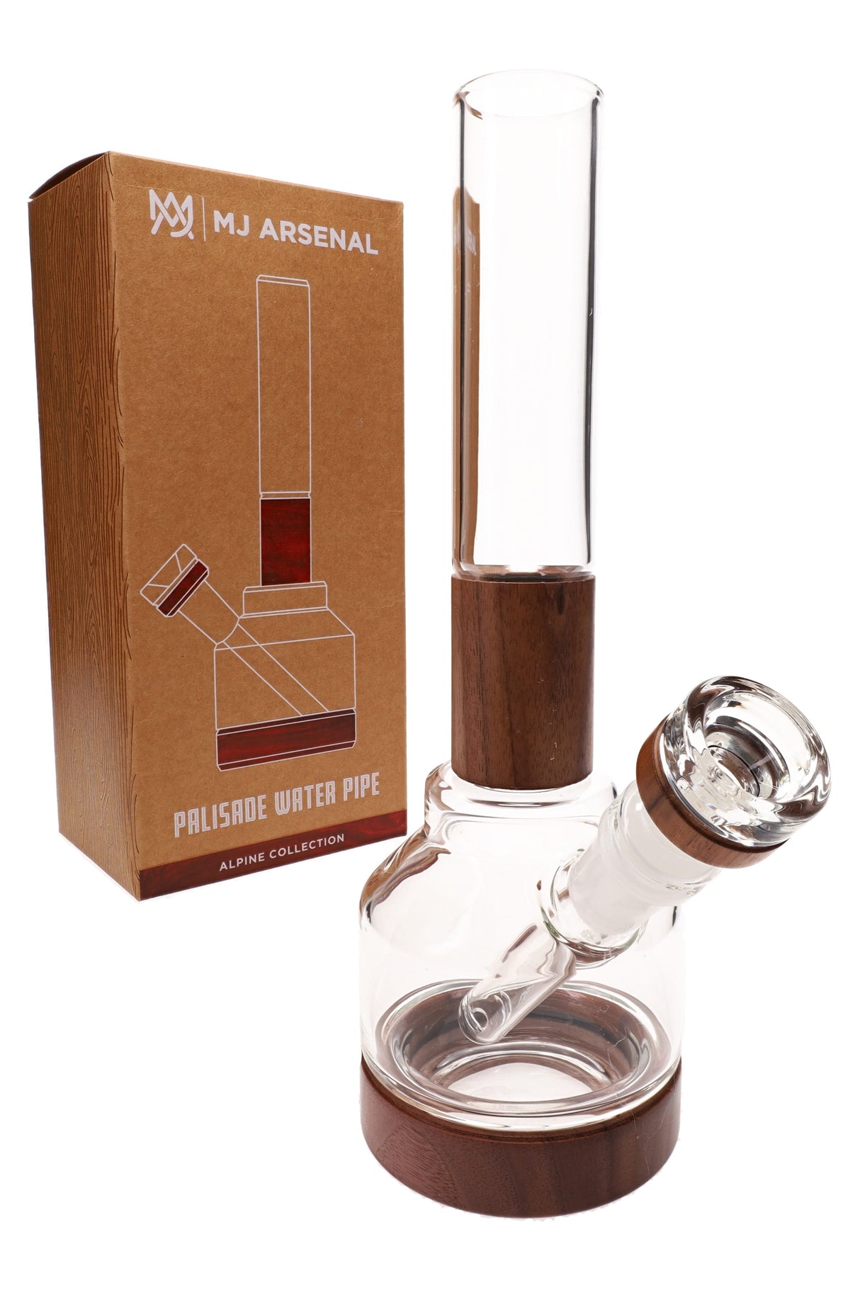 MJ Arsenal Palisade water pipe beside Alpine Collection box showing walnut accents and included bowl.