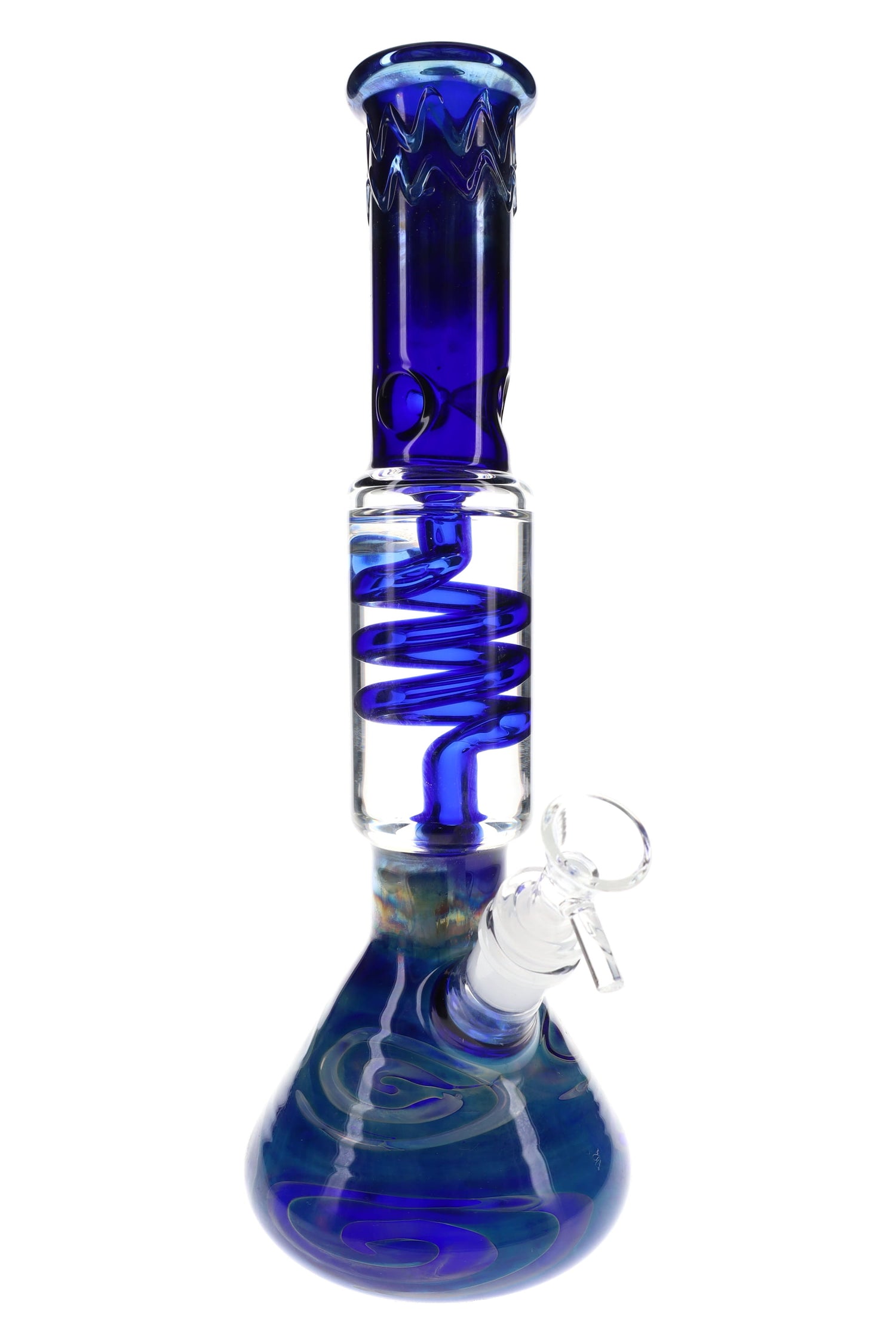 Blue silver-fumed 12″ beaker bong showing clear mid-chamber coil perc and beaker base with swirled color accents, front view.