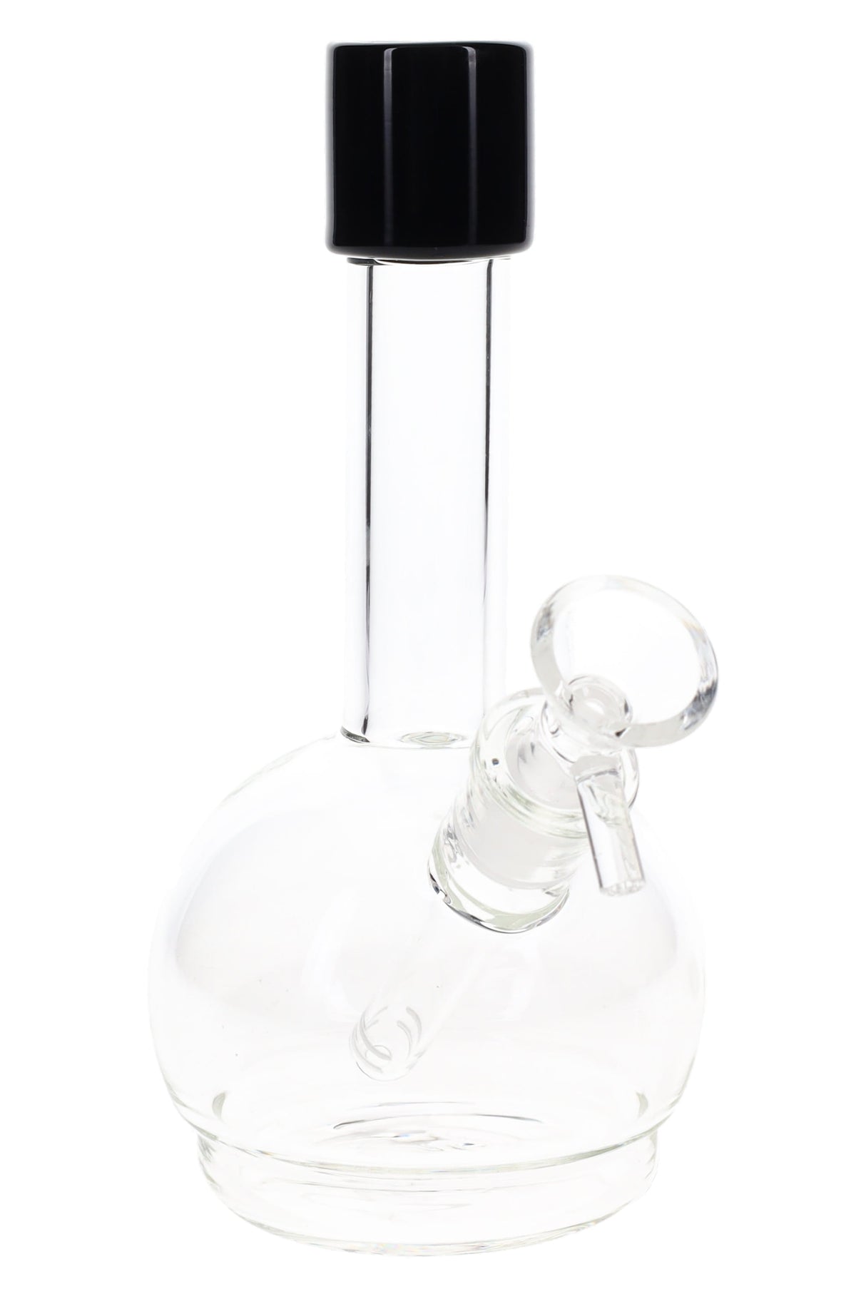 Compact 7″ round-base glass bong with straight neck and glass bowl, clear body with a dark mouthpiece accent, glass-on-glass joint.