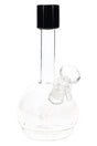 Compact 7″ round-base glass bong with straight neck and glass bowl, clear body with a dark mouthpiece accent, glass-on-glass joint.