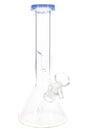 Single 8″ clear glass beaker bong with light blue rim, glass-on-glass bowl, and built-in ice pinch.
