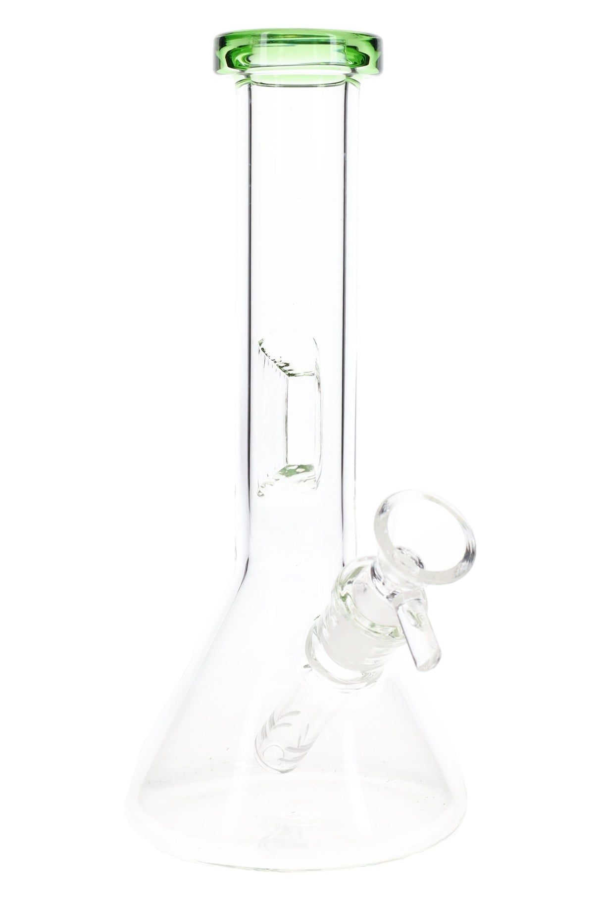 8″ clear beaker bong with green rim highlighting straight neck, ice pinch, and angled downstem with glass bowl.