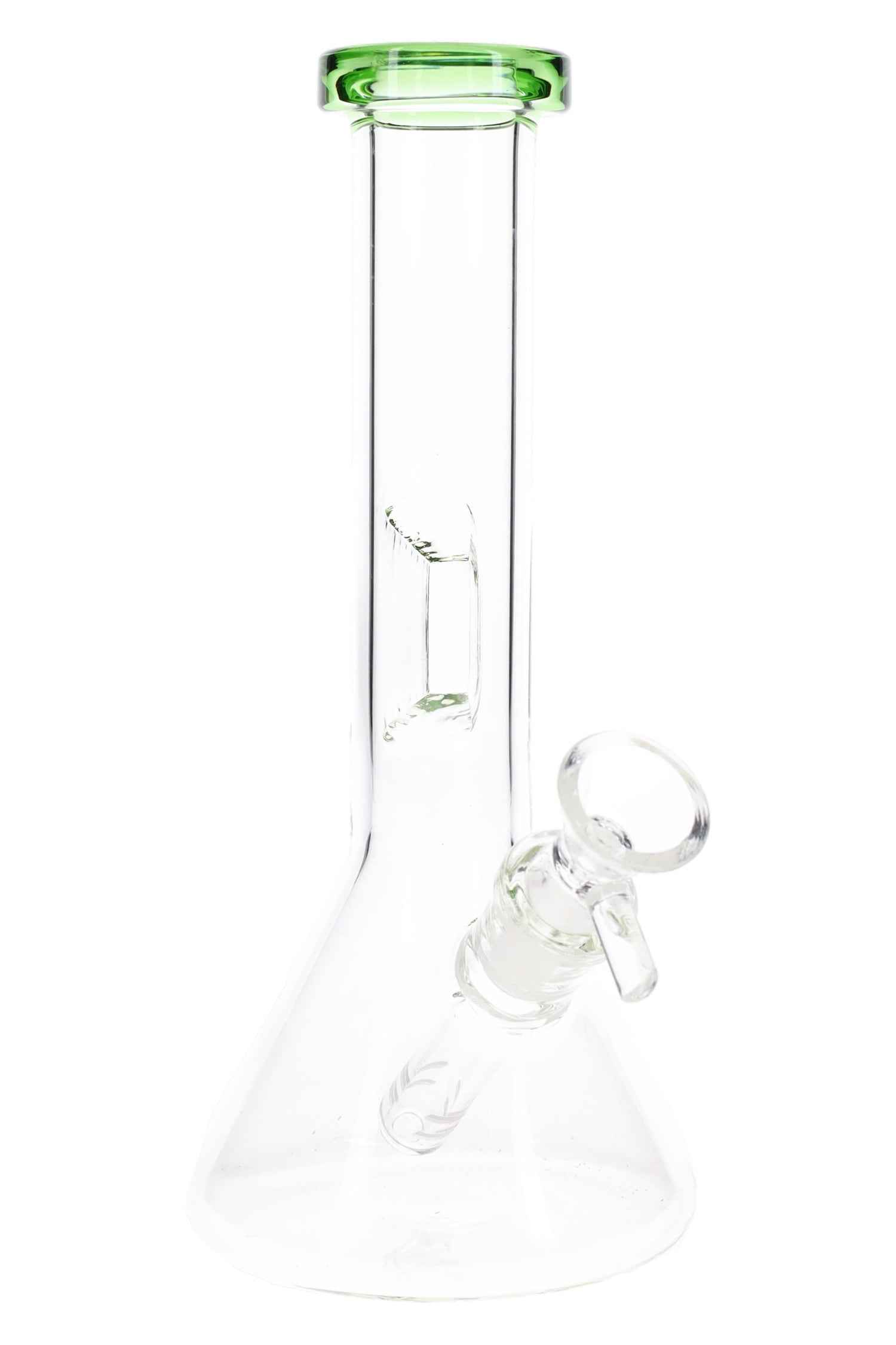 8″ clear beaker bong with green rim highlighting straight neck, ice pinch, and angled downstem with glass bowl.