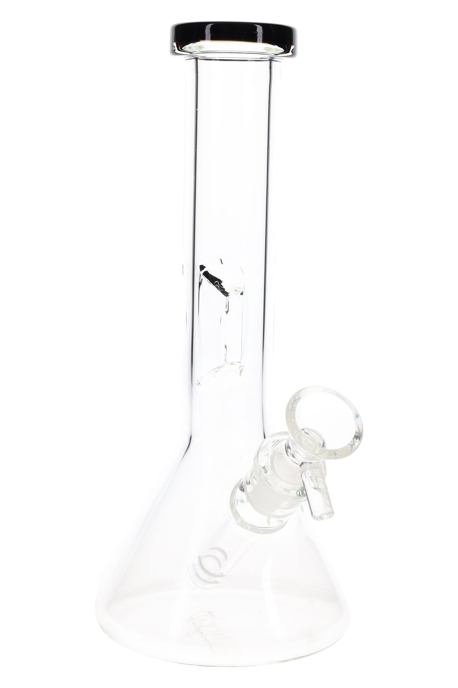 8″ clear beaker bong with black rim accent, classic beaker base, and glass-on-glass slide on a white background.