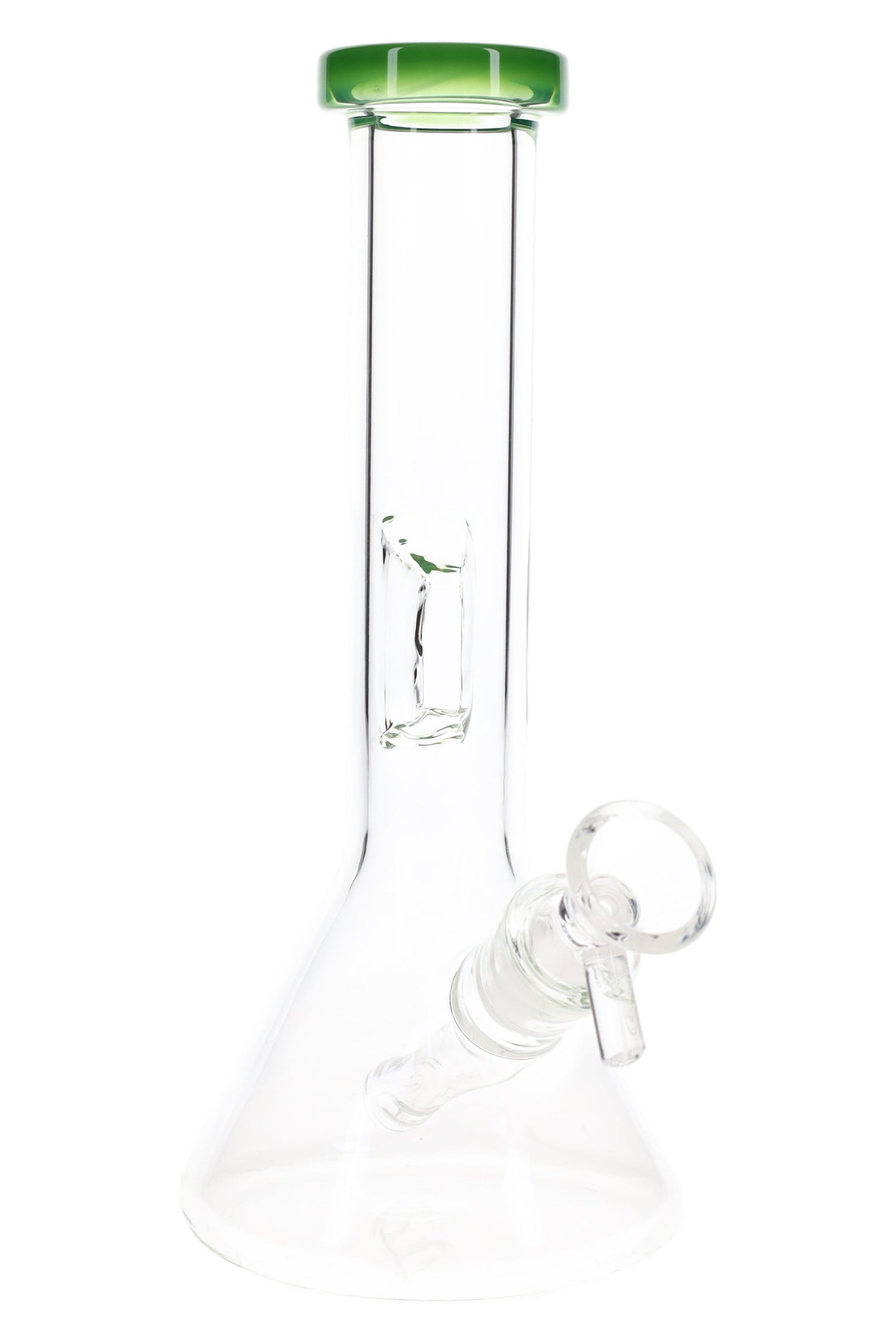 Close front view of an 8″ clear beaker bong with bright green rim, showing ice pinch and included glass bowl.