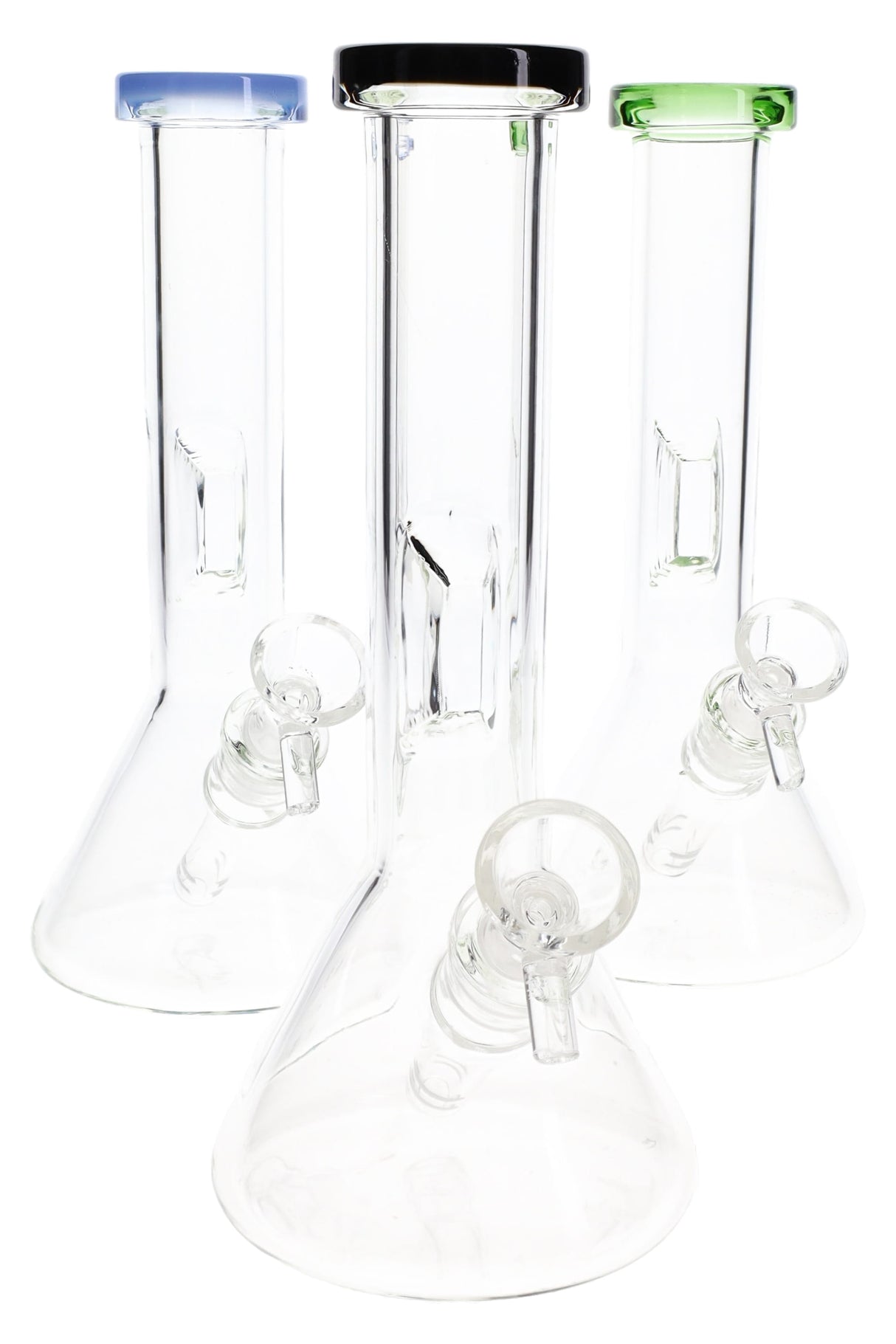Trio of 8″ clear beaker bongs with colored mouthpiece rims and glass bowls, showing classic beaker bases and straight tubes.