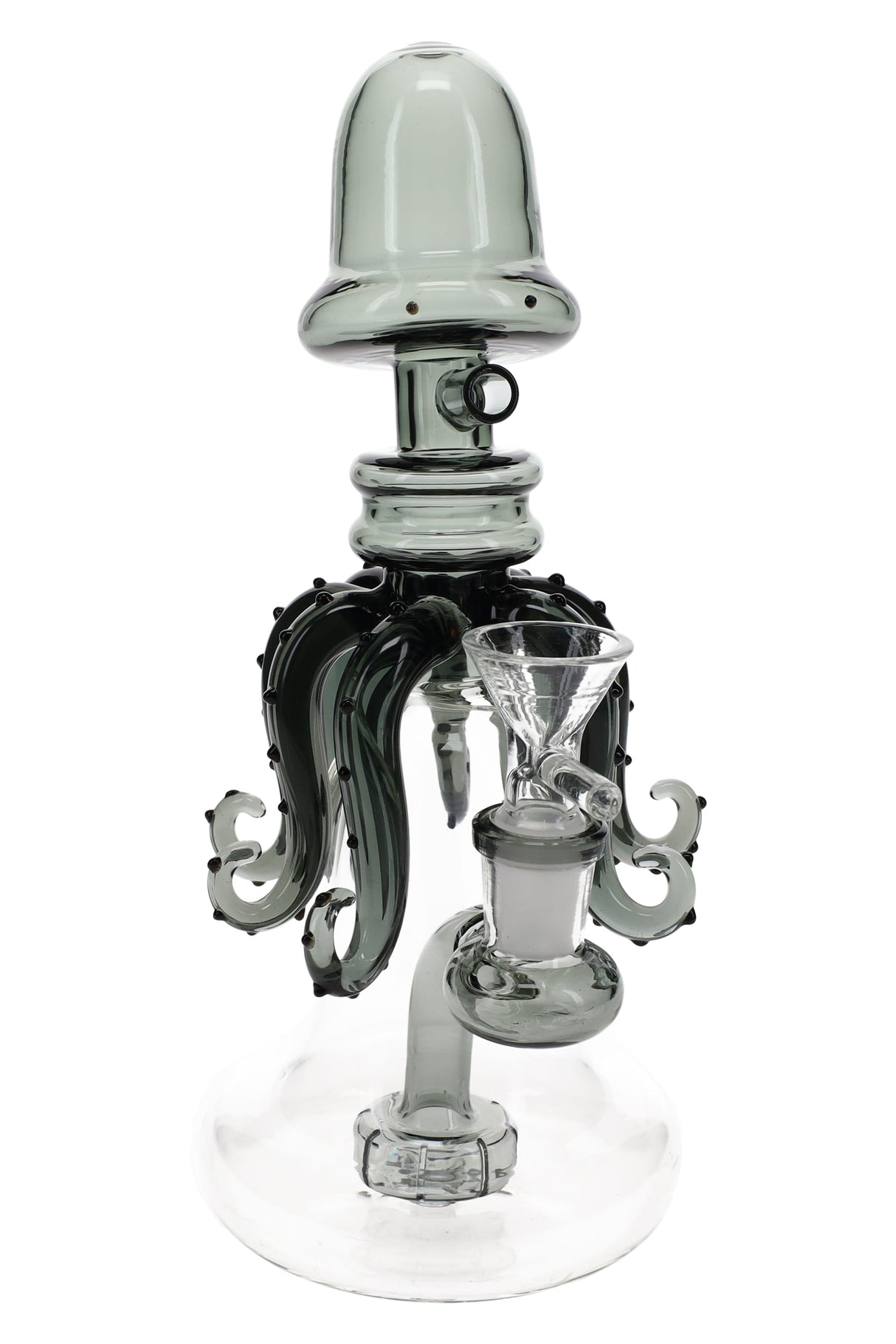Gray glass squid bong, 8.5″ with tentacle details, showerhead perc and 14.5 mm GoG connection.