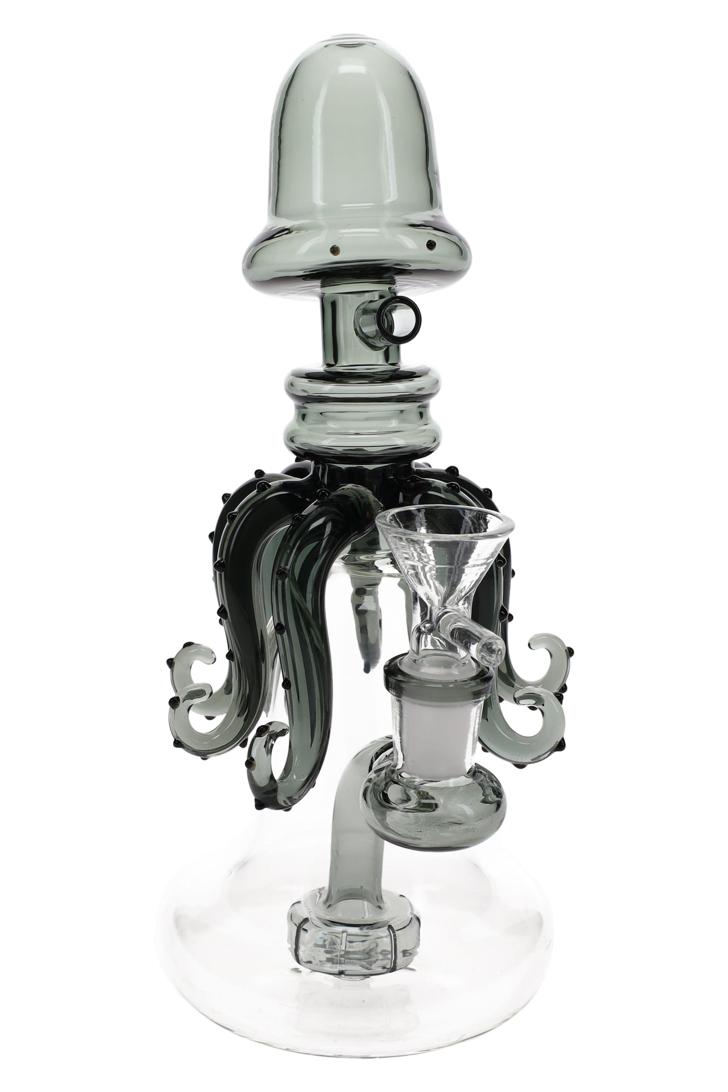 Gray glass squid bong, 8.5″ with tentacle details, showerhead perc and 14.5 mm GoG connection.